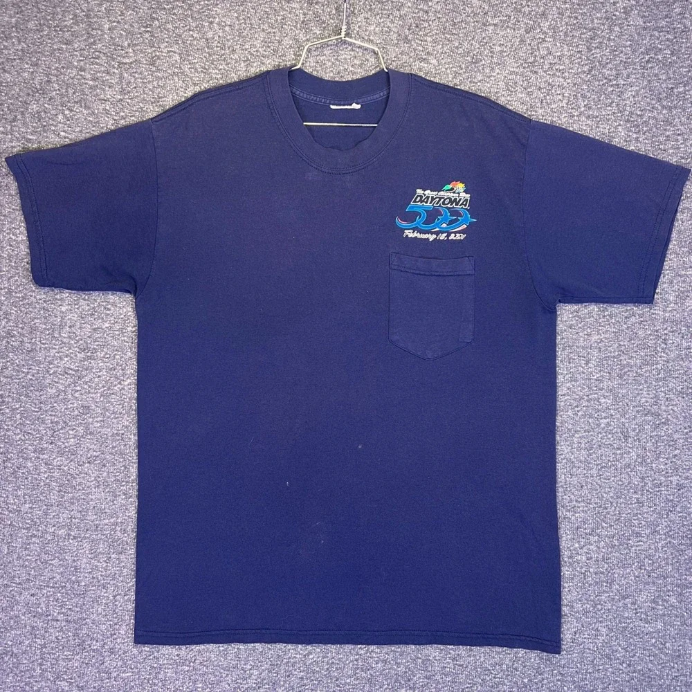 Daytona 500 Shirt Mens L Navy‎ Blue Vintage 2001 Racing Pocket Graphic Tee